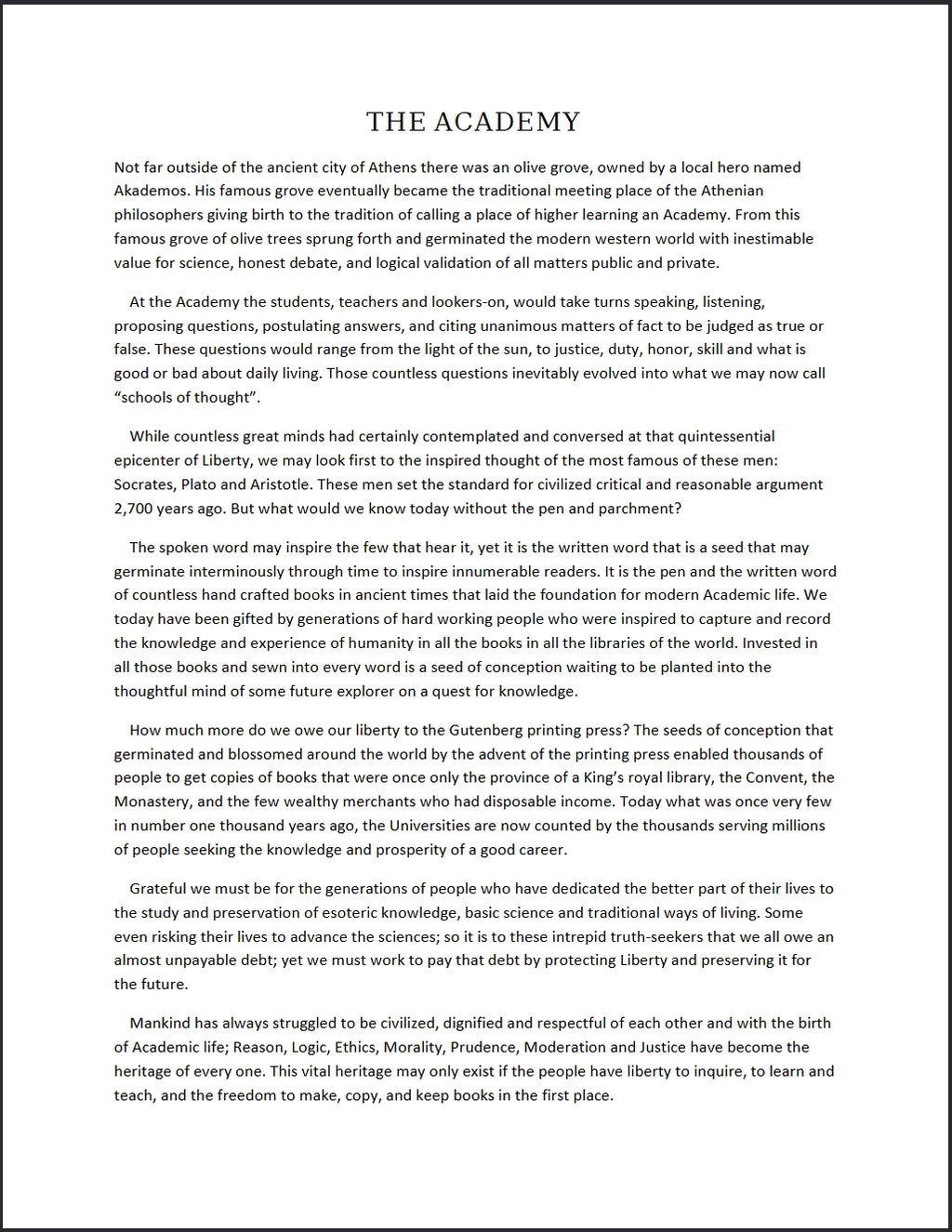 Page one of a two page history on the origin of the Academy
