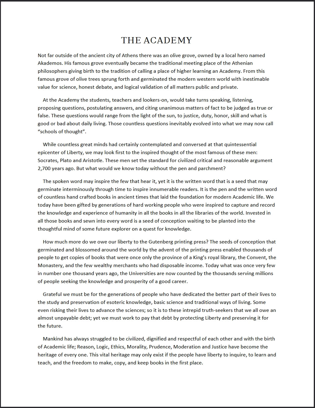 Page one of a two page history on the origin of the Academy