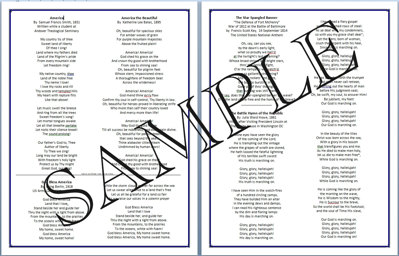 Top Five Great American Patriotic Songs of Freedom Lyric Sheet